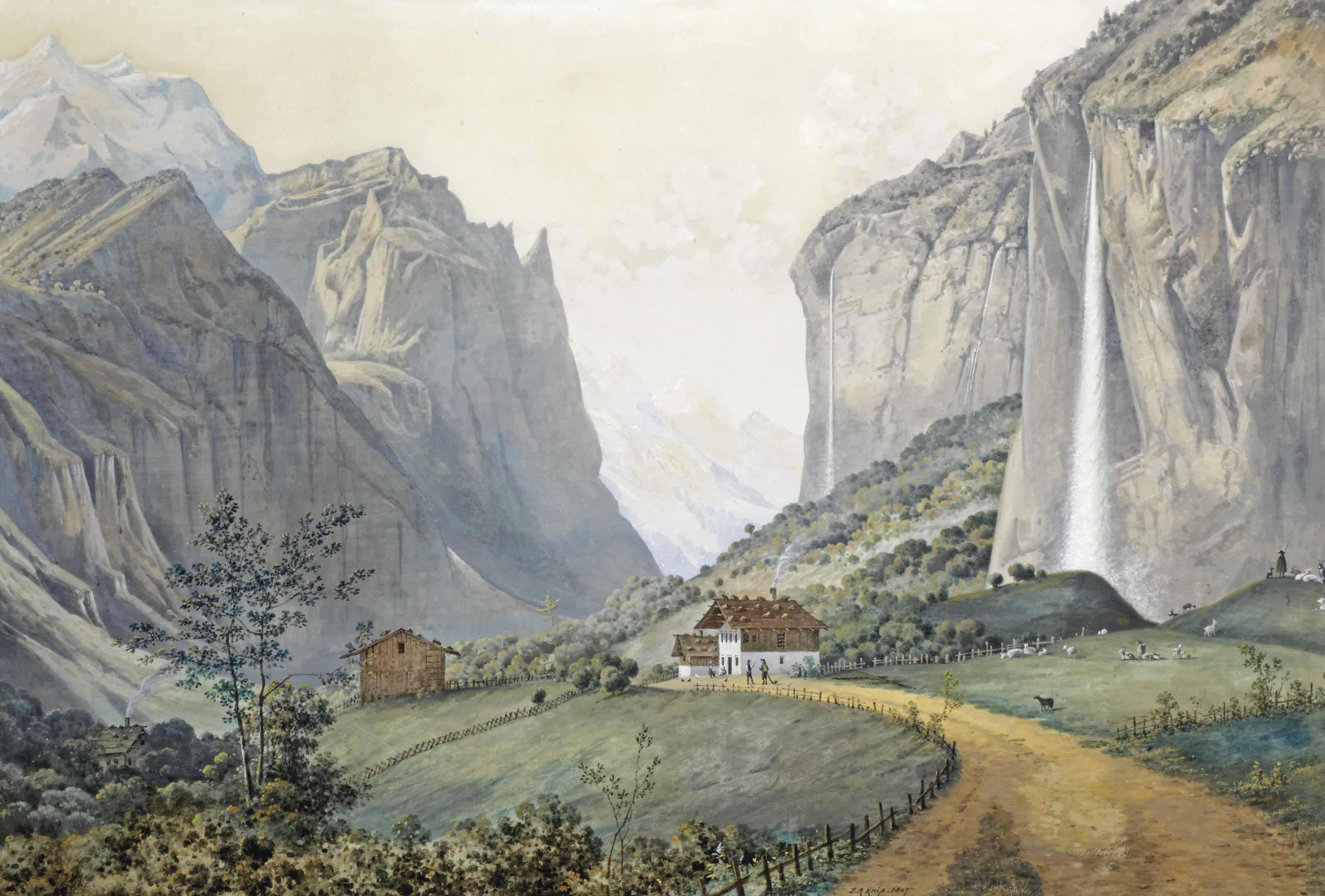 Josephus Augustus Knip - The Staubbach Falls By Lauterbrunnen In The Swiss Alps