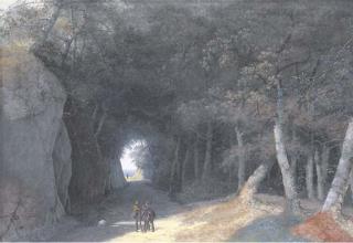 Josephus Augustus Knip - Un chemin ombragé par des arbres, des chasseurs au premier plan