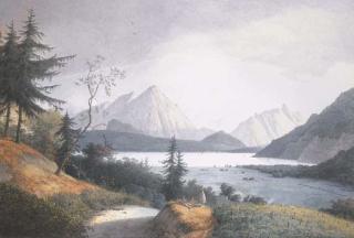 Josephus Augustus Knip - Un paysage alpestre avec un lac, des paysans au premier plan