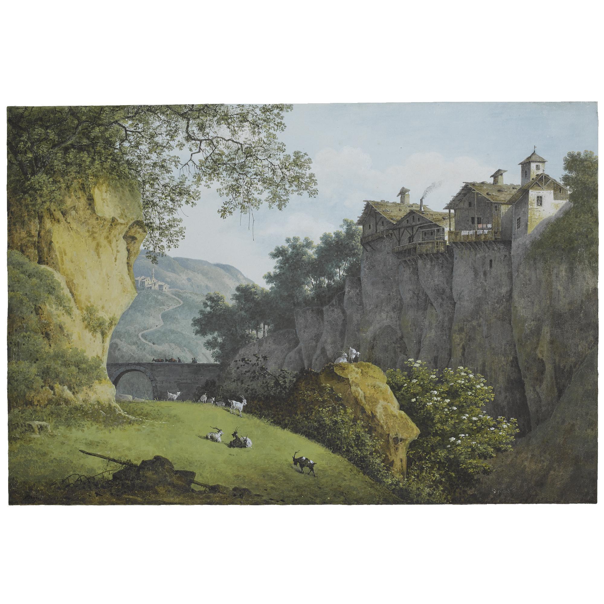 Josephus Augustus Knip - View Of A Ravine In The Mountains, Goats In The Foreground, Houses Perched On A Cliff To The Right