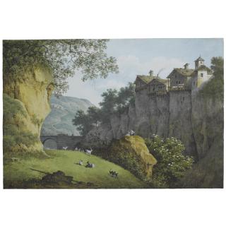 Josephus Augustus Knip - View Of A Ravine In The Mountains, Goats In The Foreground, Houses Perched On A Cliff To The Right