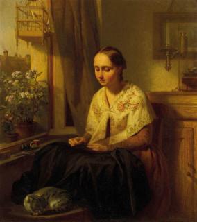 Josephus Laurentius Dyckmans - A girl doing needlework