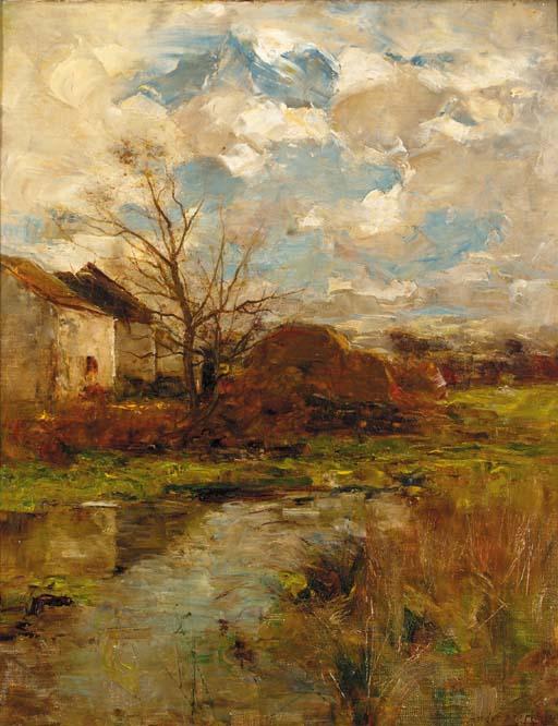 Joshua Anderson Hague, R.I., R.B.A., P.R.C.A. - A farm on the bend of a river