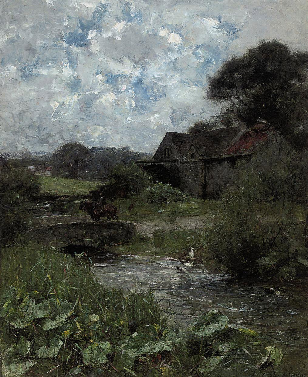 Joshua Anderson Hague, R.I., R.B.A., P.R.C.A. - Horses on a bridge, farm buildings beyond