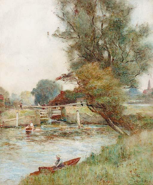 Joshua Anderson Hague - Figures in punts before a loch with a view of Windsor in the distance