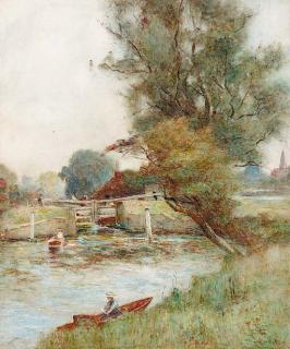 Joshua Anderson Hague - Figures in punts before a loch with a view of Windsor in the distance