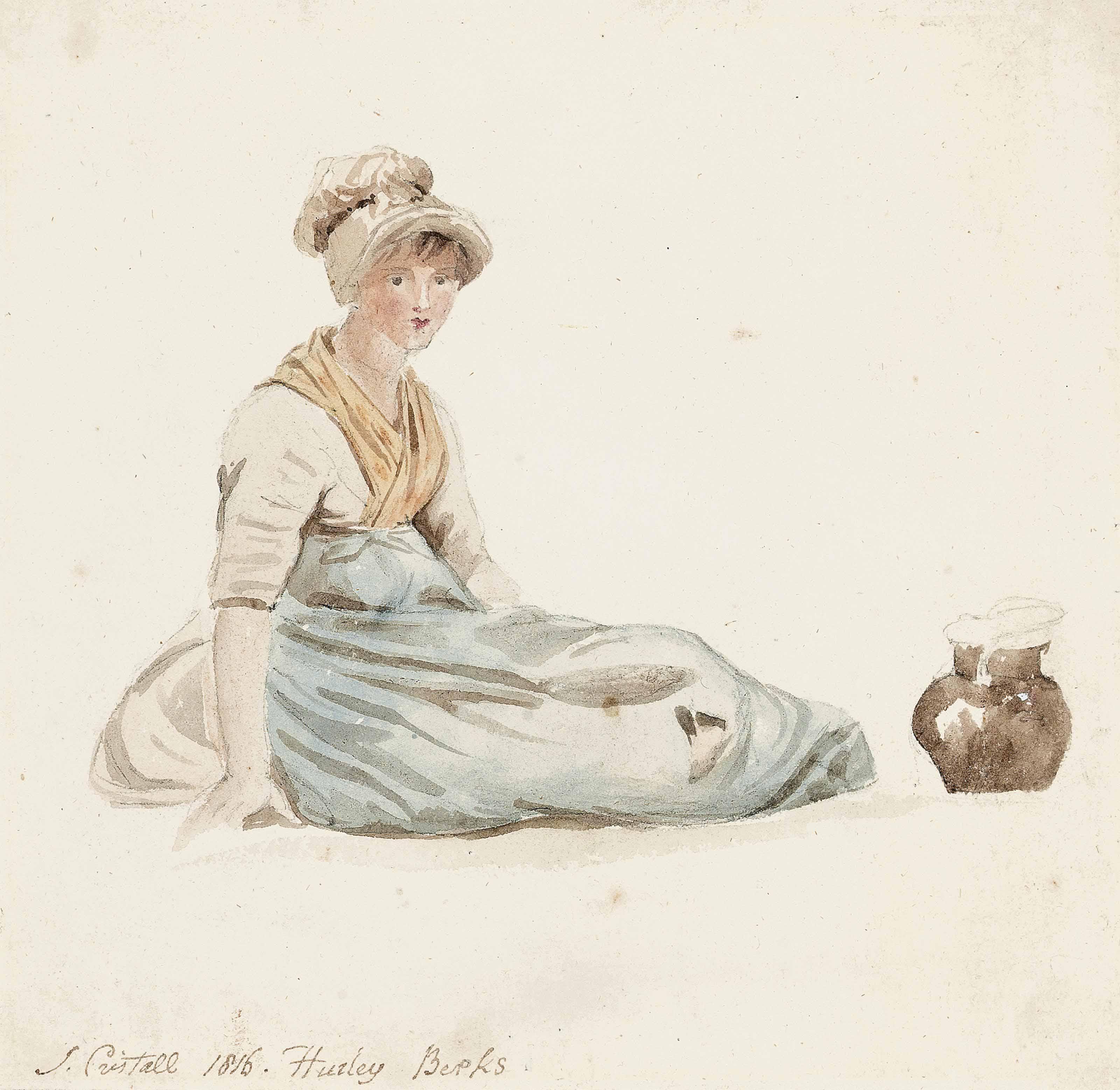 Joshua Cristall, P.O.W.S. - A farmyard with chickens; and A country girl seated by a jug (illustrated)