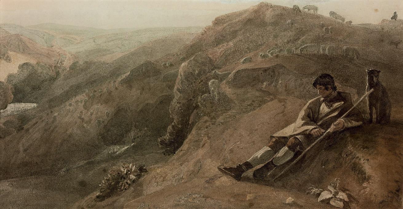 Joshua Cristall, P.O.W.S. - A shepherd seated overlooking a deep valley