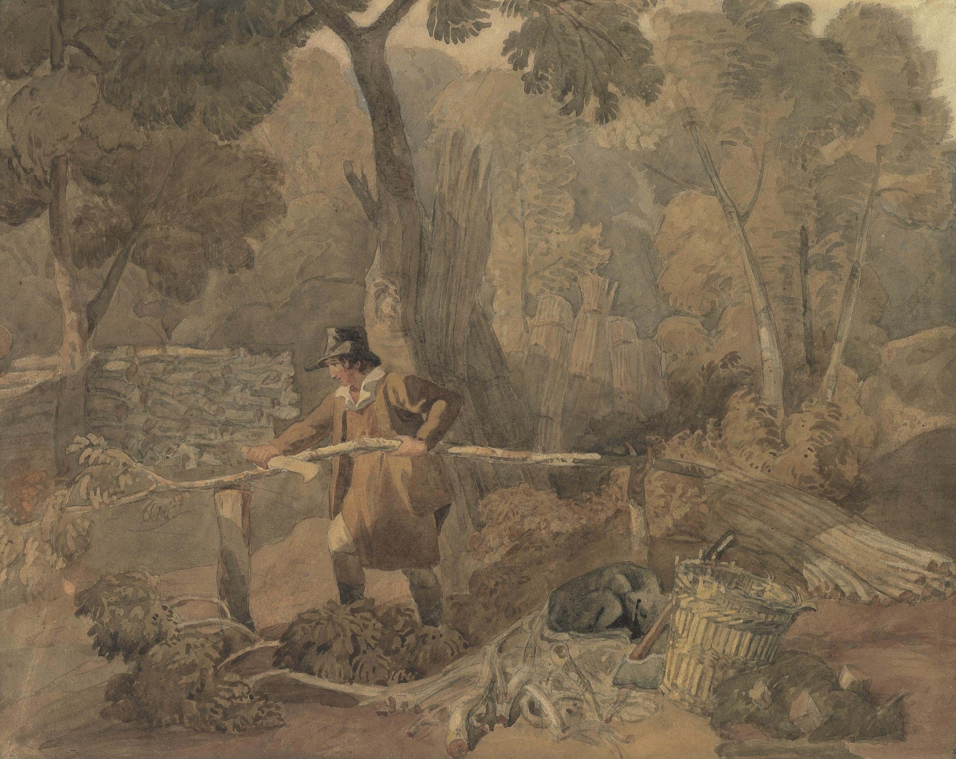 Joshua Cristall, P.O.W.S. - A woodcutter near Sevenoaks, Kent (recto); and Study of a boy fishing (verso)
