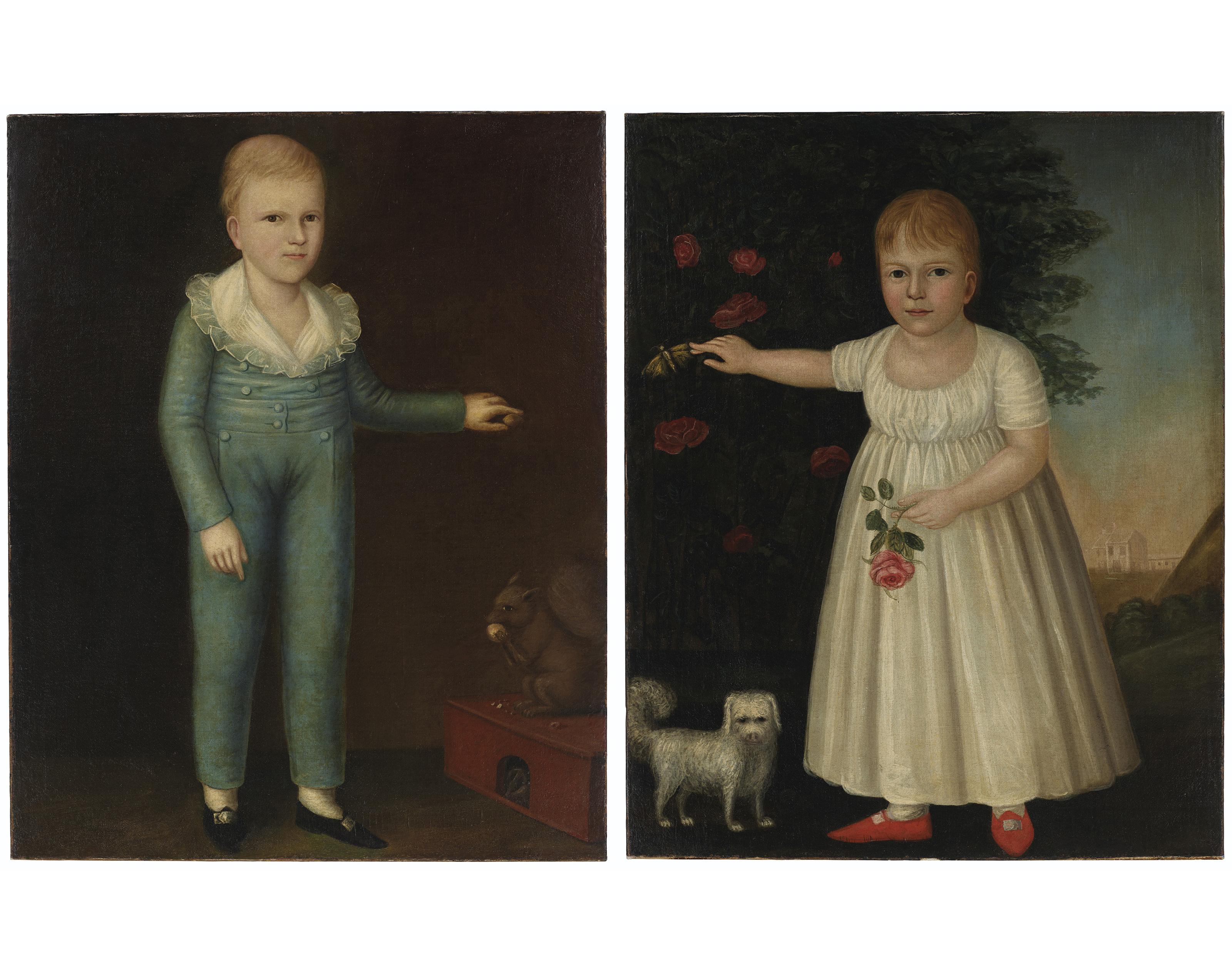 Joshua Johnson - A Pair of Portraits: Boy with Squirrel and Girl with Dog