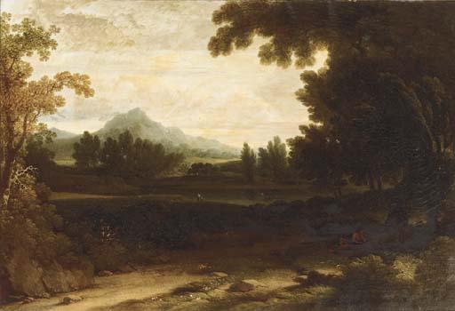 Joshua Shaw - An extensive mountainous landscape with a figure resting by a tree