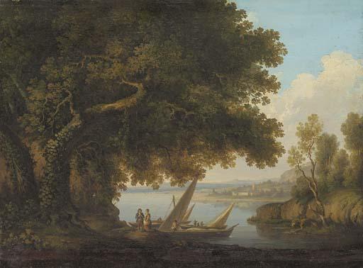 Joshua Shaw - An Italianate lake landscape with figures and boats