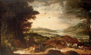Josse de Momper The Younger - Peasants in wagons and pilgrim hermits in an extensive river landscape