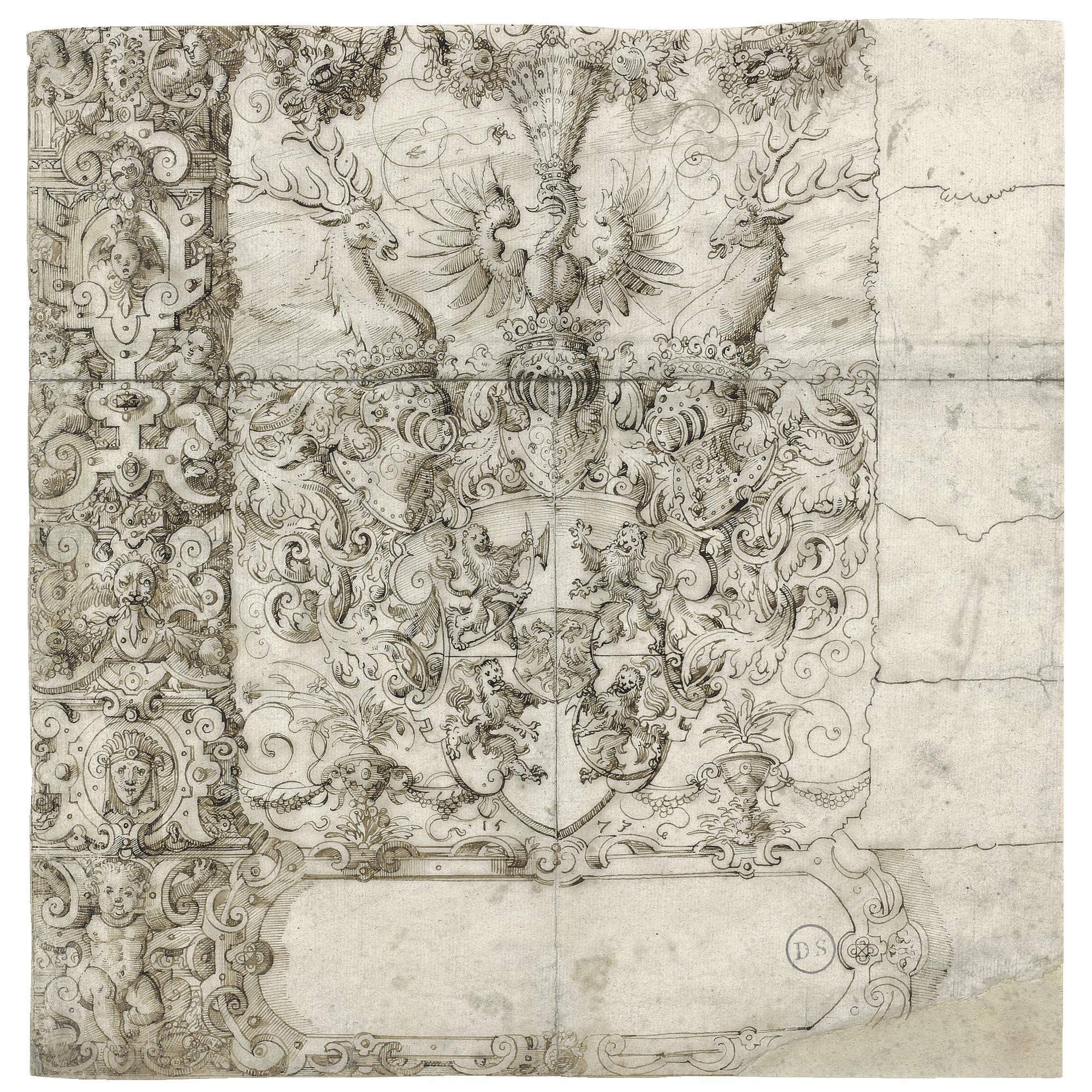 Jost Amman - The Arms Of Zimmern Within An Elaborate Strapwork Design With Putti