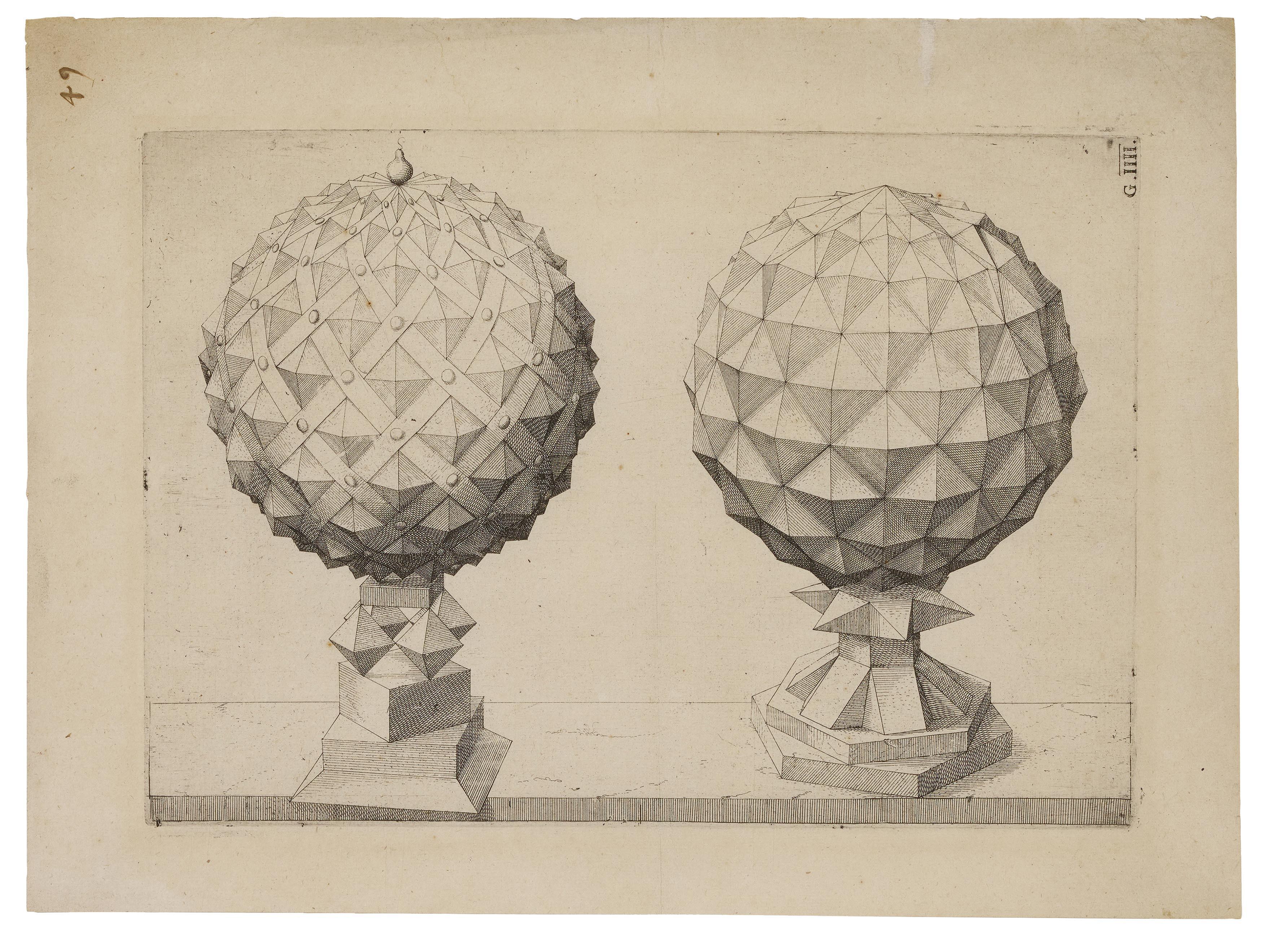 Jost Ammann - Perspektivische Studie mit zwei facettierten Polyedern. G.IIII.