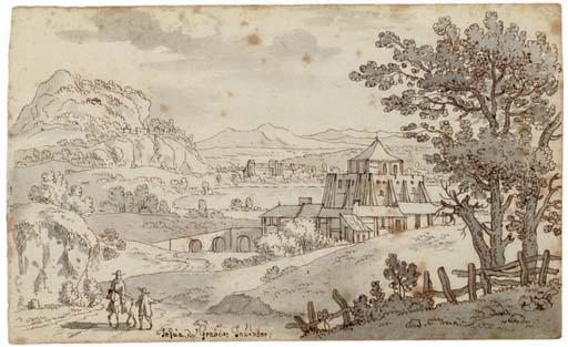 Josua de Grave - A goatherd on a path, a mountain landscape beyond; and An extensive landscape with a buttressed castle