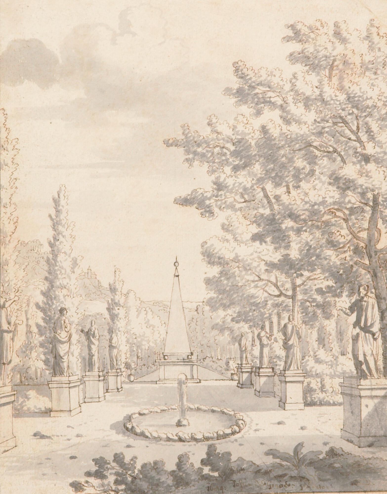 Josua de Grave - Allee eines Palastgartens mit Brunnen, Statuen und einem Obelisk.