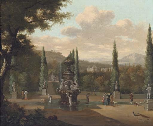 Josua De Grave - Elegant Figures Walking In The Garden Of A Palace