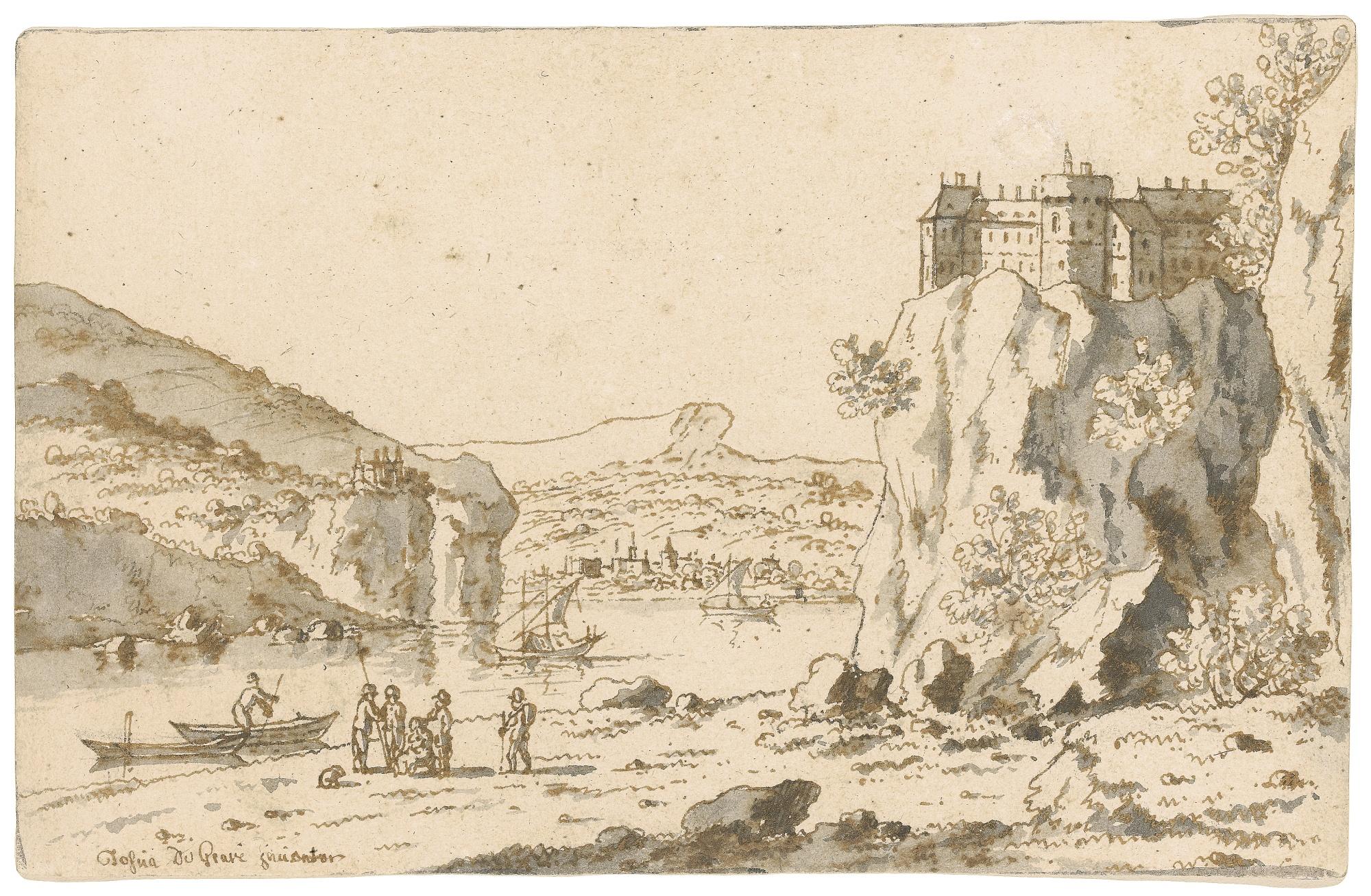 Josua De Grave - Rocky Landscape With Figures On A River Bank, Below A Castle