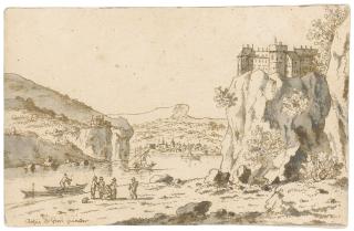 Josua De Grave - Rocky Landscape With Figures On A River Bank, Below A Castle