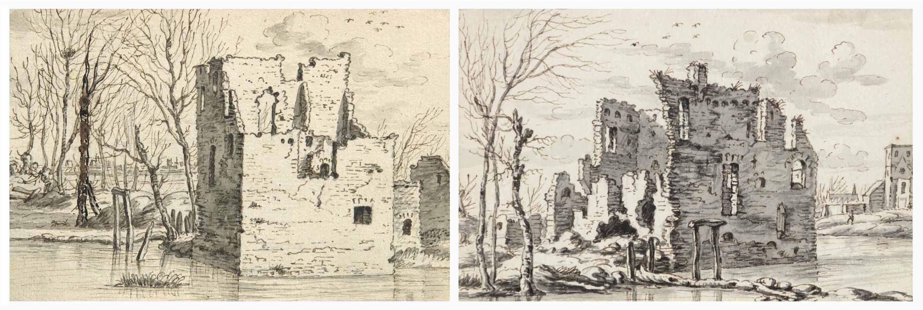 Josua De Grave - Ruines bordé d\'arbres au bord de l\'eau (recto-verso)