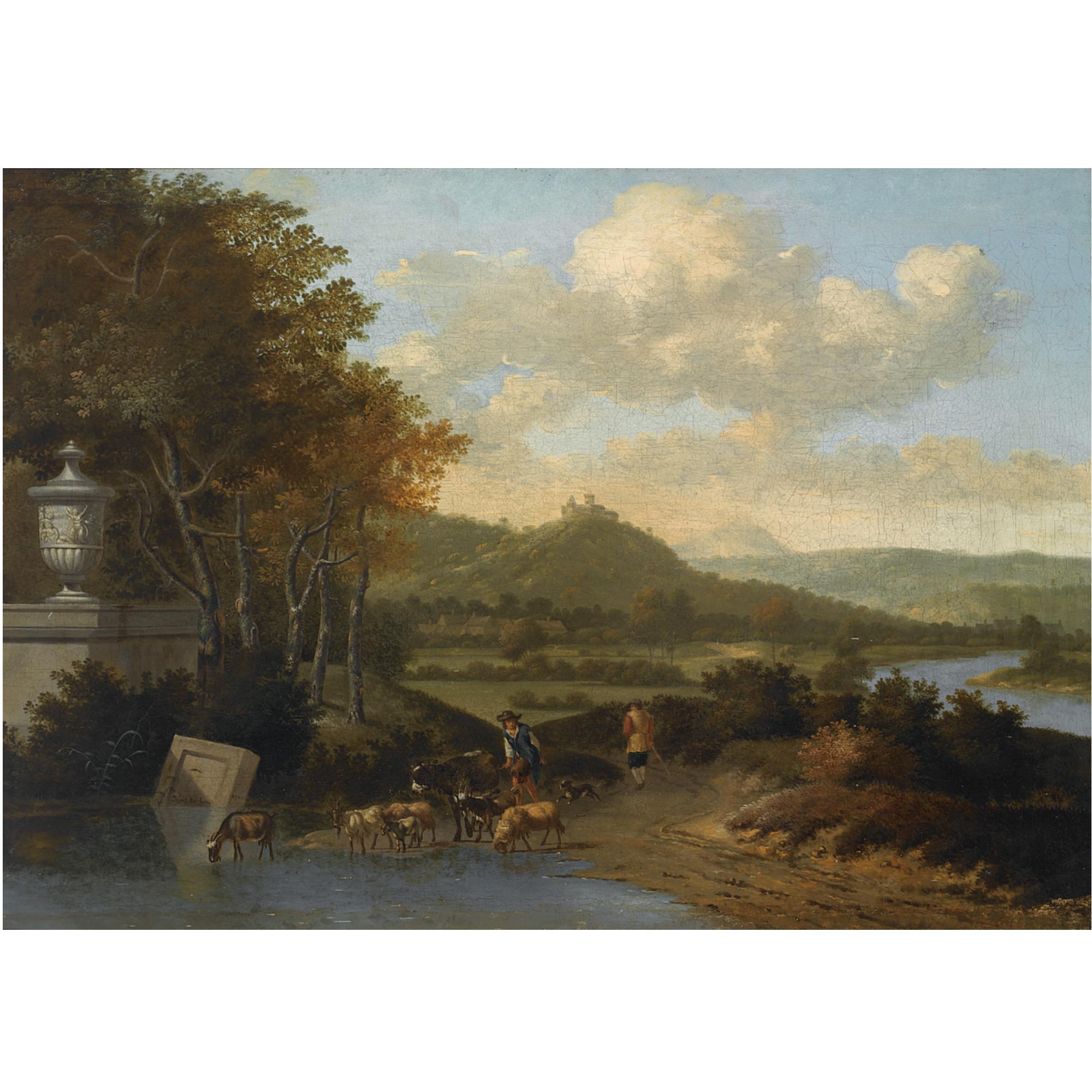 Josua de Grave - Shepherds With Their Flock Watering In A Classical Landscape