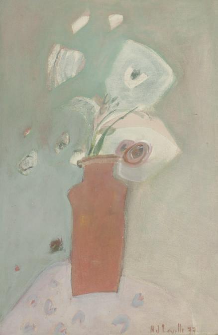 Joy Laville - Still life of a red vase with white flowers