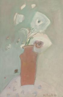 Joy Laville - Still life of a red vase with white flowers