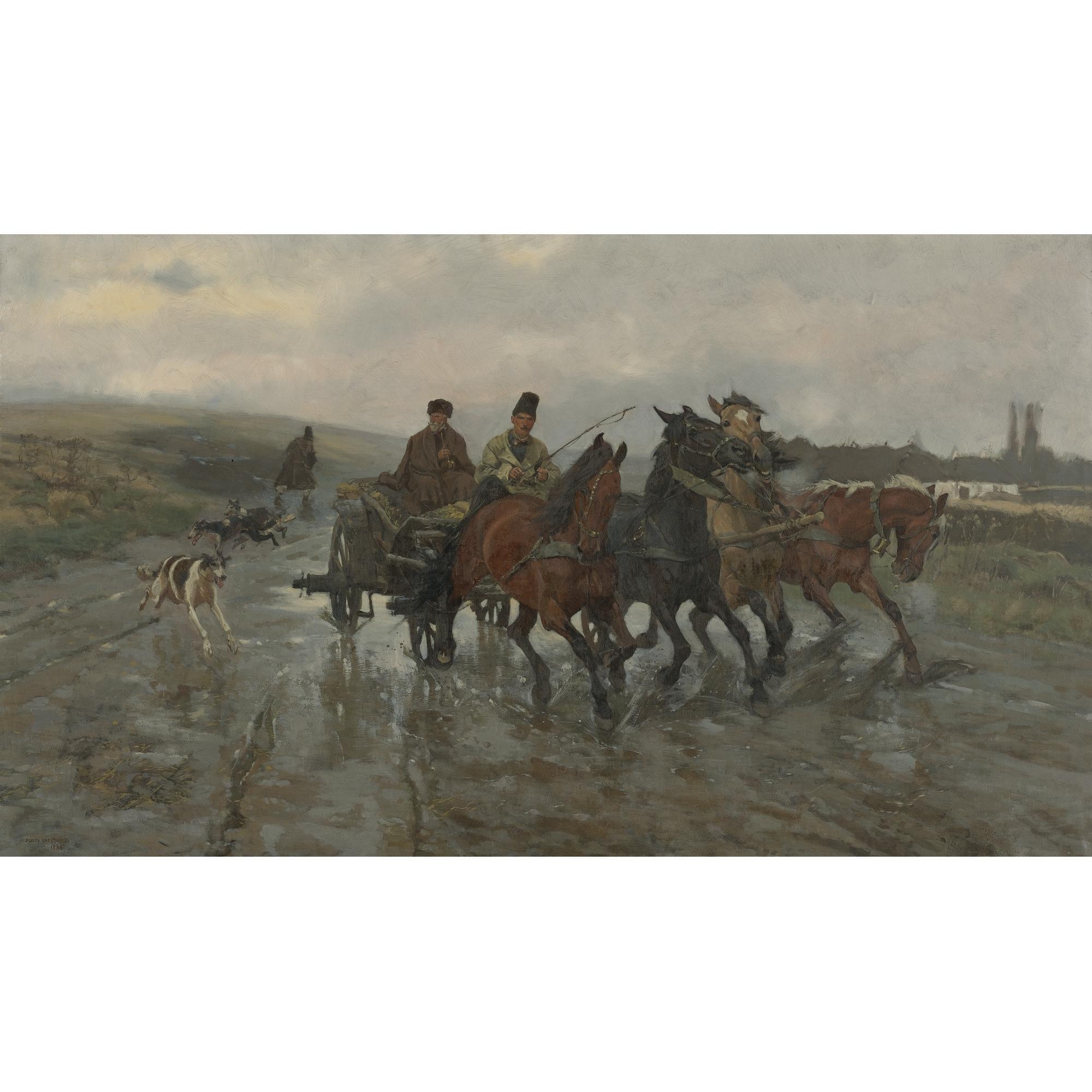 Jozef Chelmonski - Polish Four Horse Wagon On A Rainy Day