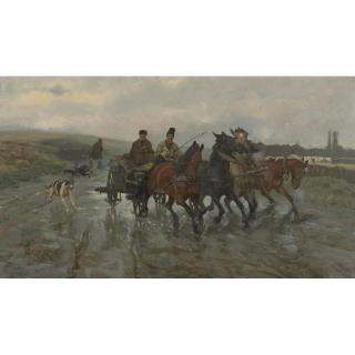 Jozef Chelmonski - Polish Four Horse Wagon On A Rainy Day