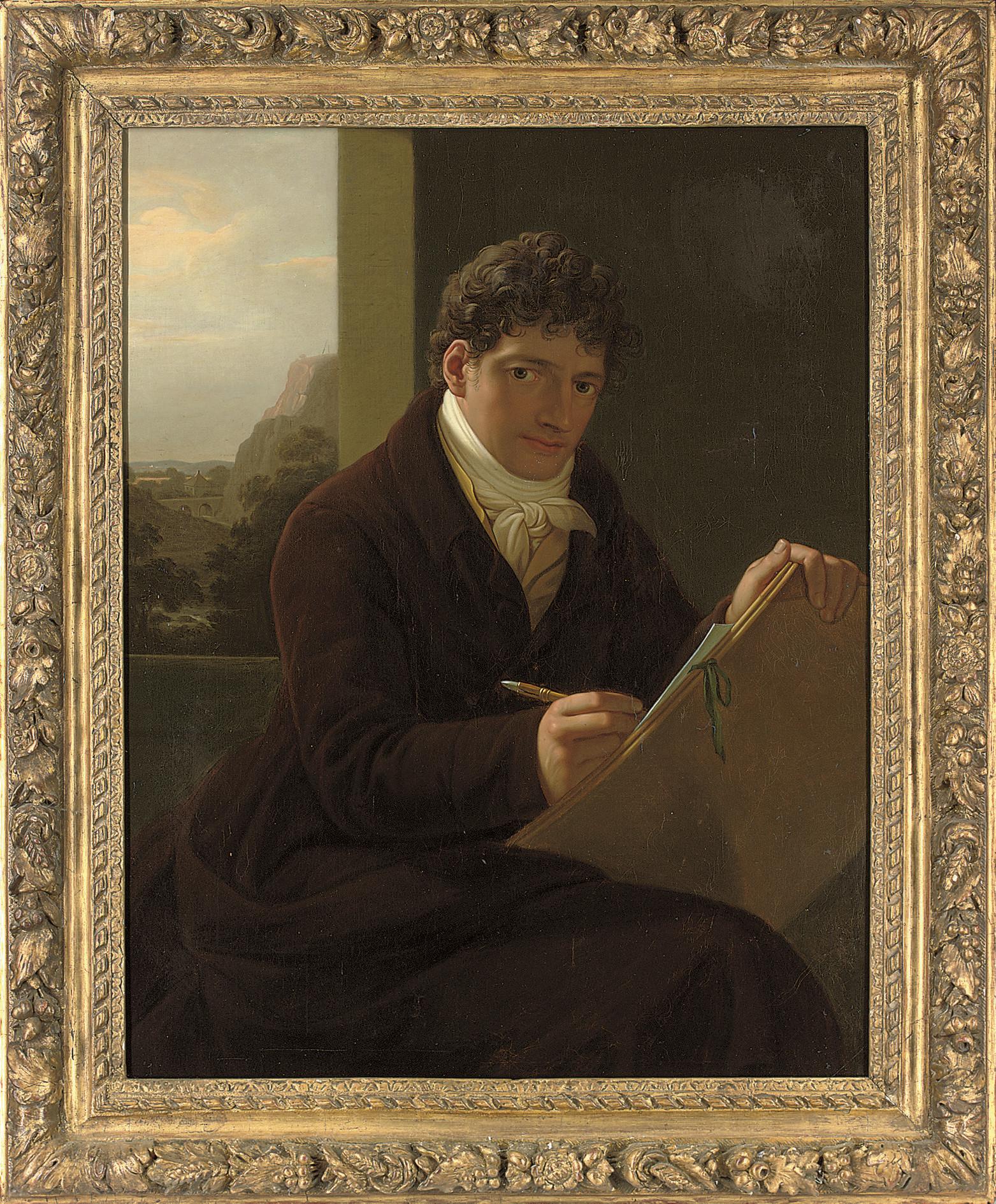Jozef Grassi - Self-portrait, three-quarter-length, seated in a brown coat, sketching, a landscape beyond