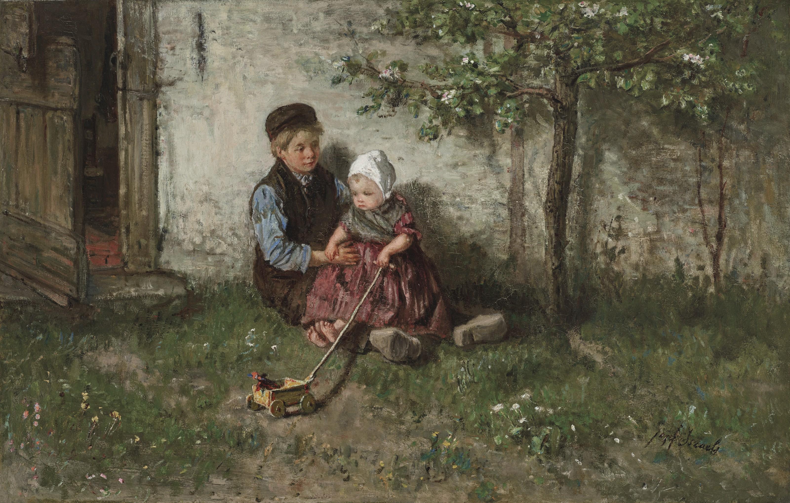 Jozef Israëls - Children Playing with a Toy Wagon