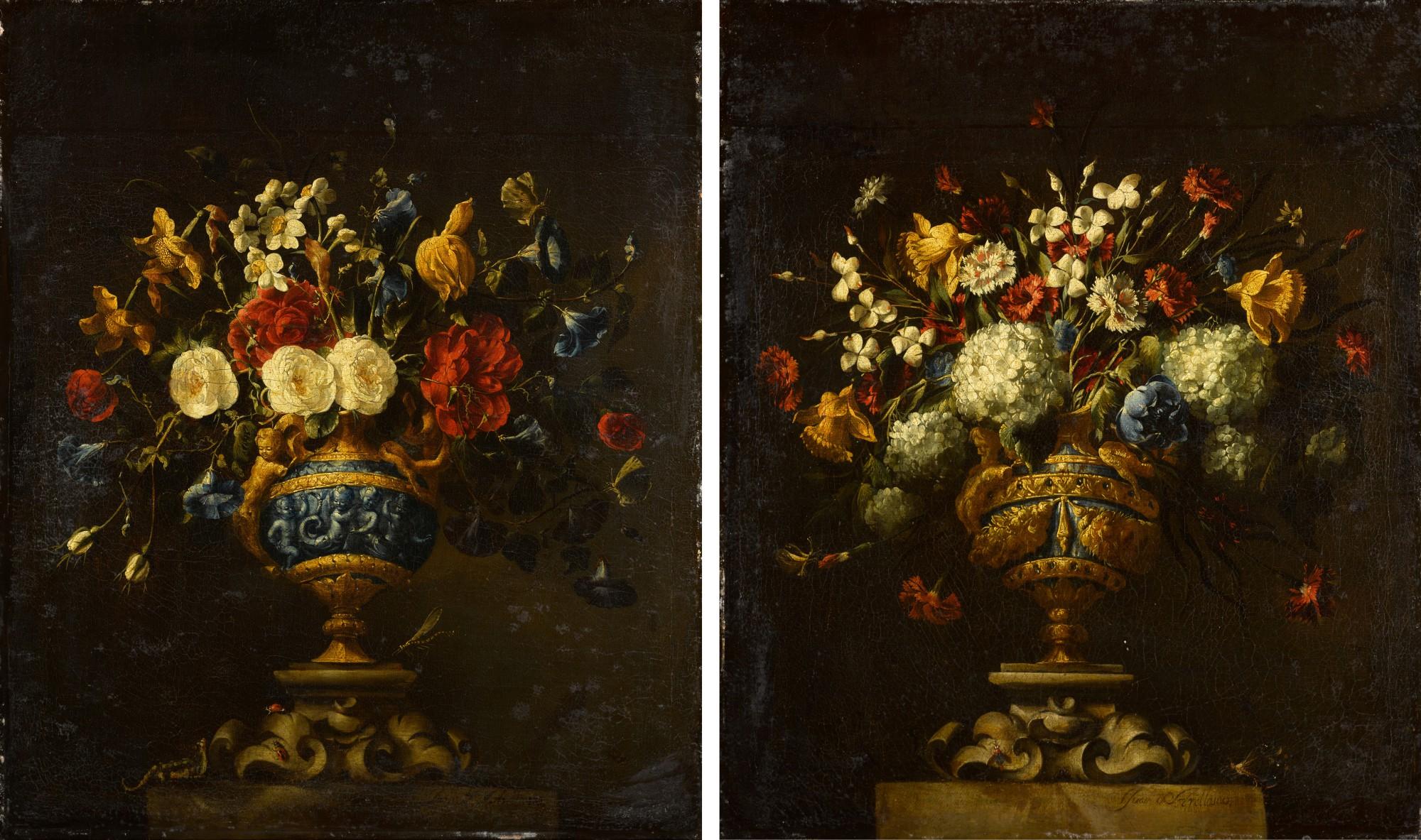 Juan de Arellano - A pair of floral still lifes, in lapis and bronze vases on stone plinths