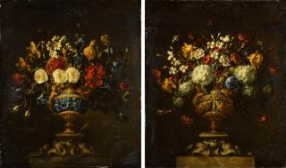 Juan de Arellano - A pair of floral still lifes, in lapis and bronze vases on stone plinths