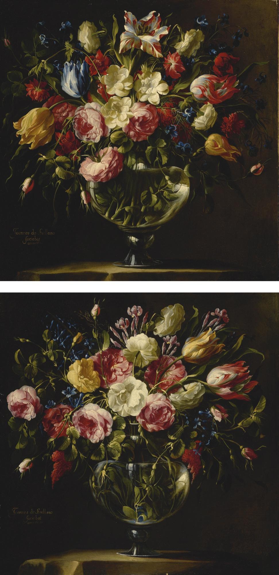 Juan de Arellano - A Pair Of Still Lifes Of Roses, Variegated Tulips, Peonies And Other Flowers In Crystal Vases, On Stone Plinths