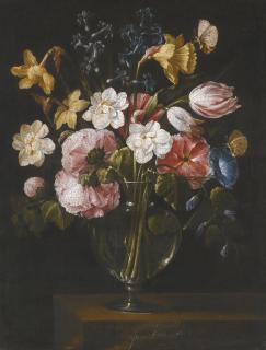 Juan De Arellano - A Still Life Of Narcissi, Daffodils, Tulips, Hollyhocks, Hyacinths And Other Flowers In A Glass Vase On A Stone Ledge, With Butterflies