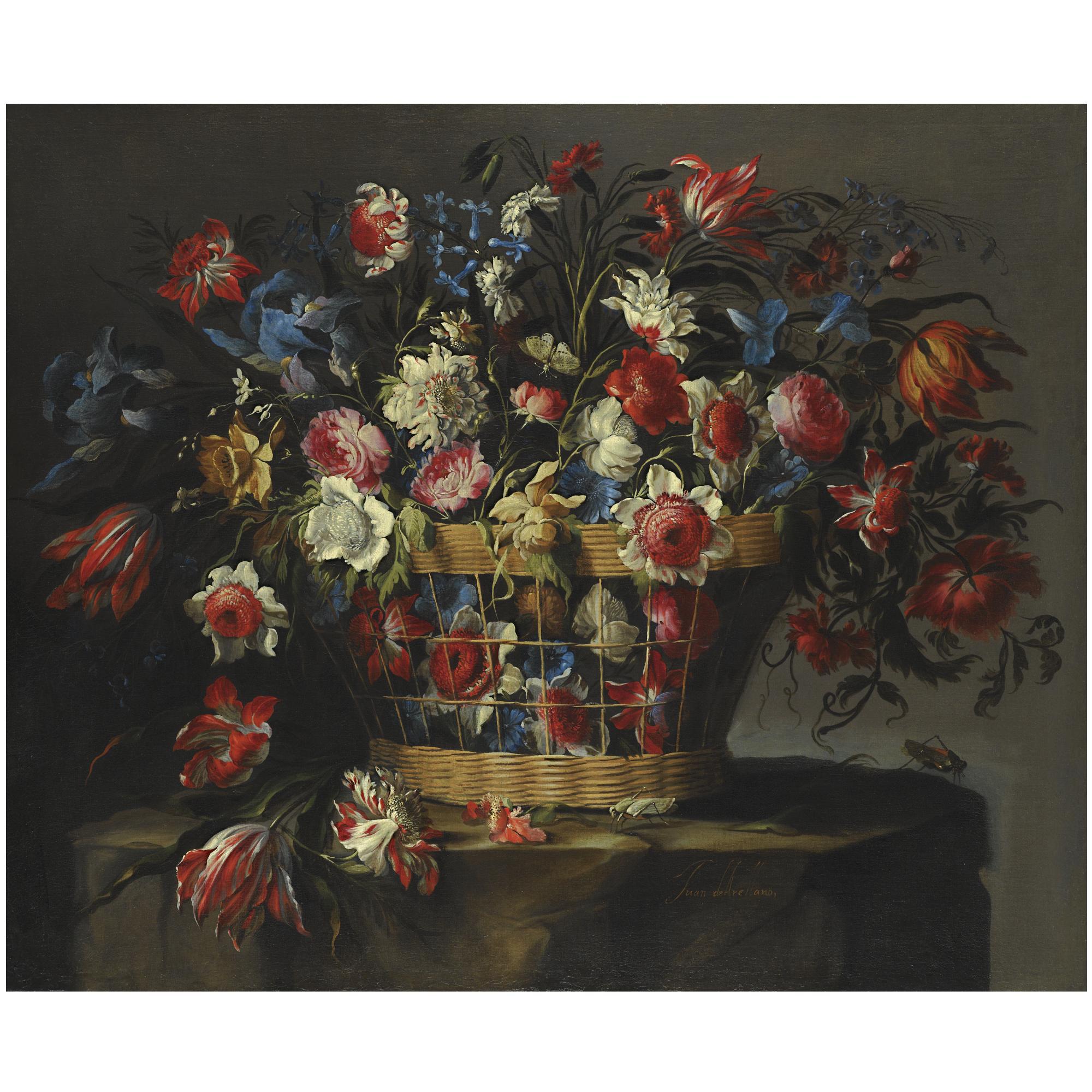 Juan de Arellano - A Still Life With Carnations, Parrot Tulips, Roses, Iris, Daffodils, Morning Glory And Lillies Of The Valley, All In A Basket Over A Stone Ledge With Grasshoppers And A Butterfly