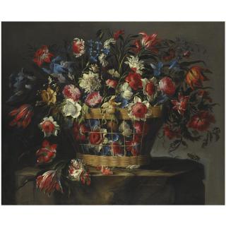 Juan de Arellano - A Still Life With Carnations, Parrot Tulips, Roses, Iris, Daffodils, Morning Glory And Lillies Of The Valley, All In A Basket Over A Stone Ledge With Grasshoppers And A Butterfly