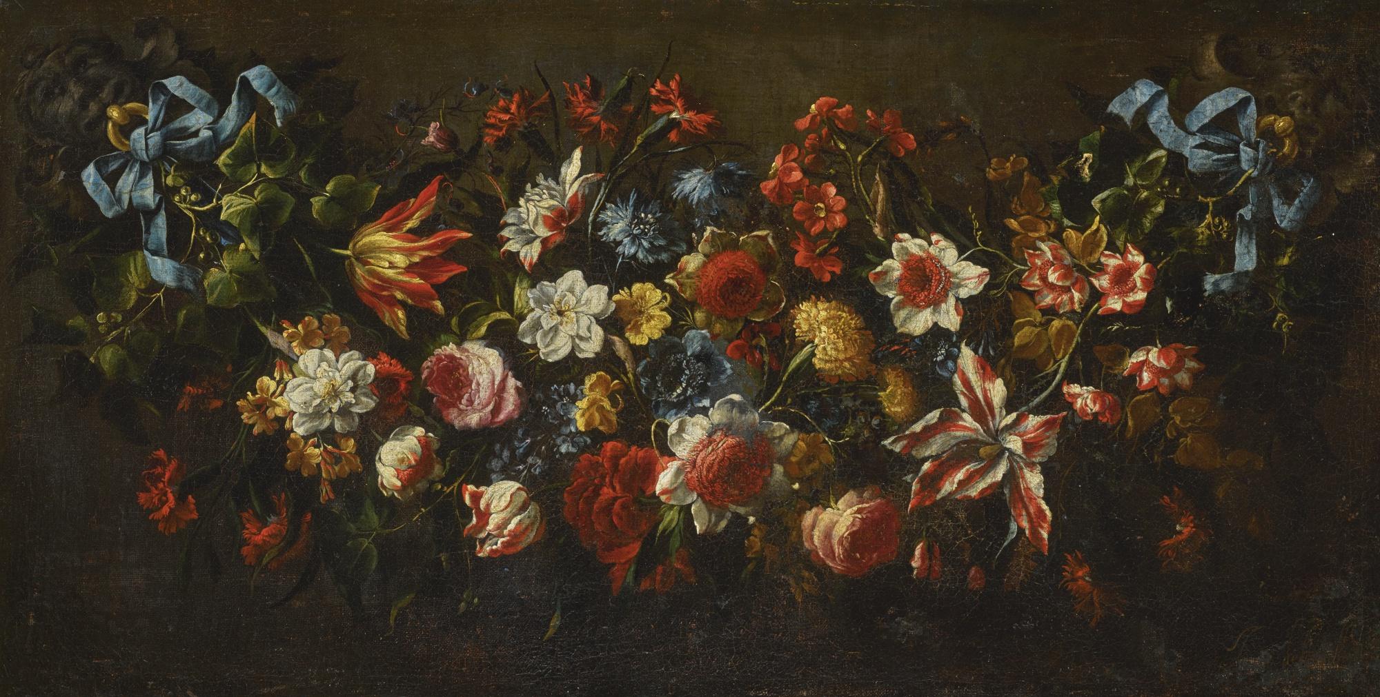 Juan De Arellano - A Swag Of Flowers Fastened With Blue Ribbons