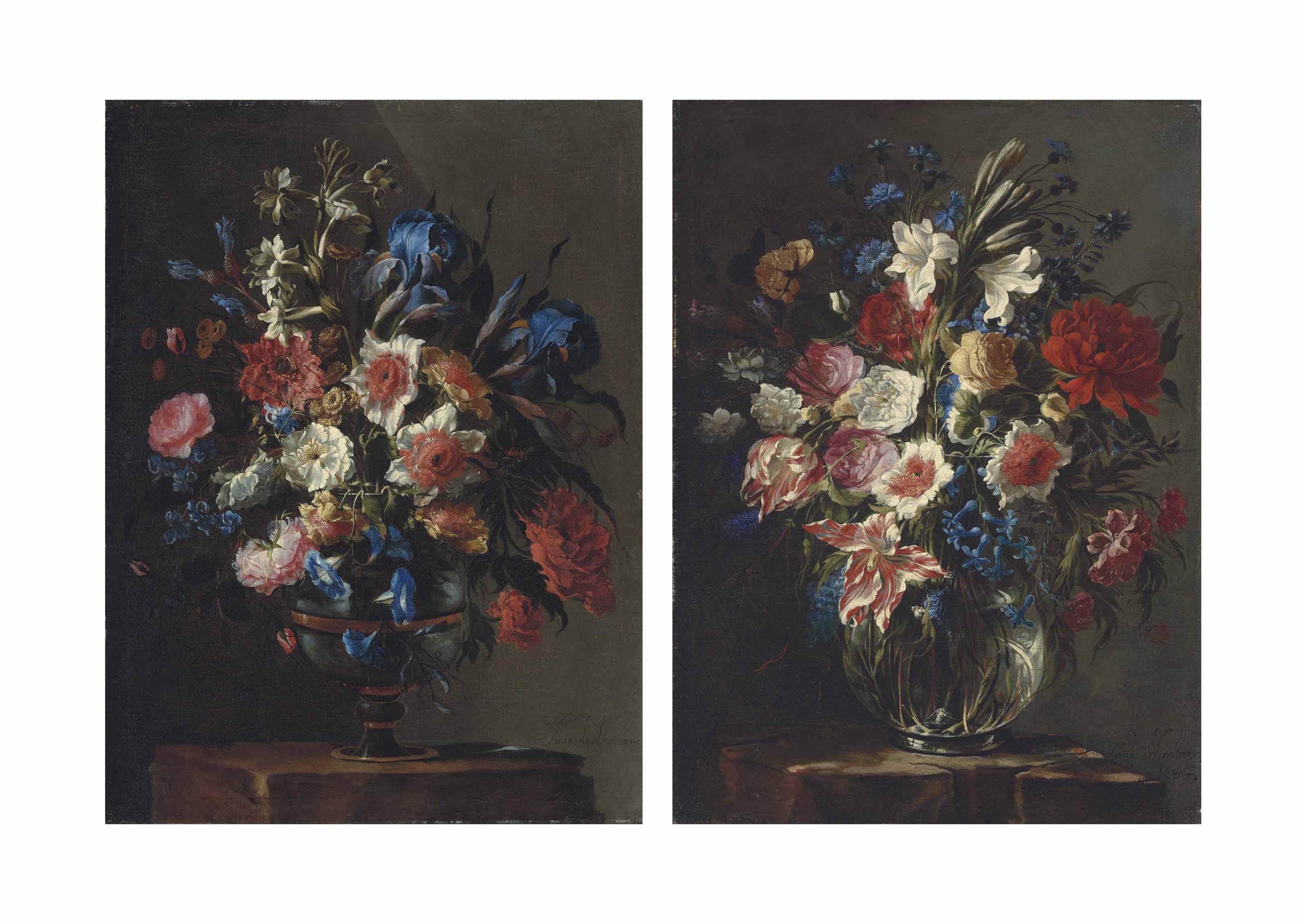 Juan De Arellano - Rose, irises, morning glory and other flowers in a porcelain vase; and Parrot tulips, roses, lilies, lilacs and other flowers in a glass vase