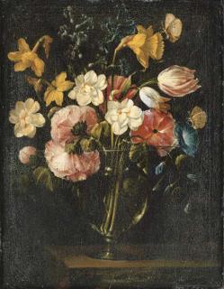 Juan de Arellano - Roses, clematis, a tulip and other flowers in a glass vase on a wooden ledge with a butterfly