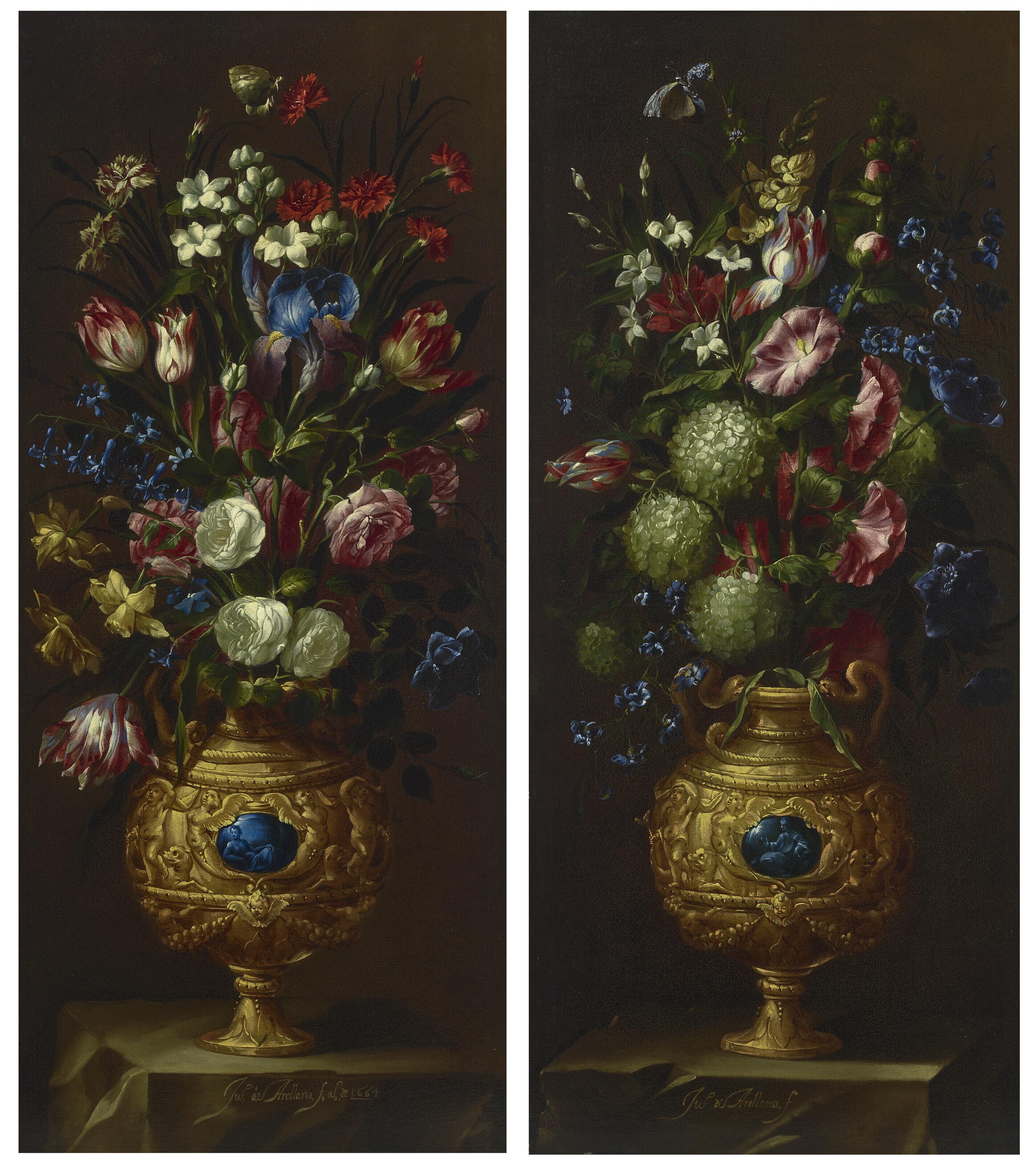 Juan de Arellano - Roses, daffodils, carnations and other flowers in an urn on a stone ledge; and Hydrangeas, tulips, hollyhocks and other flowers in an urn on a stone ledge;