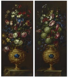 Juan de Arellano - Roses, daffodils, carnations and other flowers in an urn on a stone ledge; and Hydrangeas, tulips, hollyhocks and other flowers in an urn on a stone ledge;