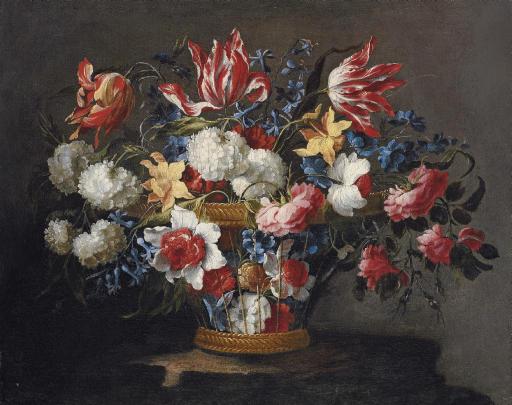 Juan De Arellano - Snowballs, Daffodils, Tulips, Roses And Other Flowers In A Wicker Basket On A Ledge
