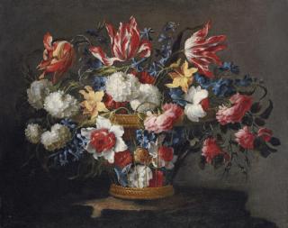 Juan De Arellano - Snowballs, Daffodils, Tulips, Roses And Other Flowers In A Wicker Basket On A Ledge