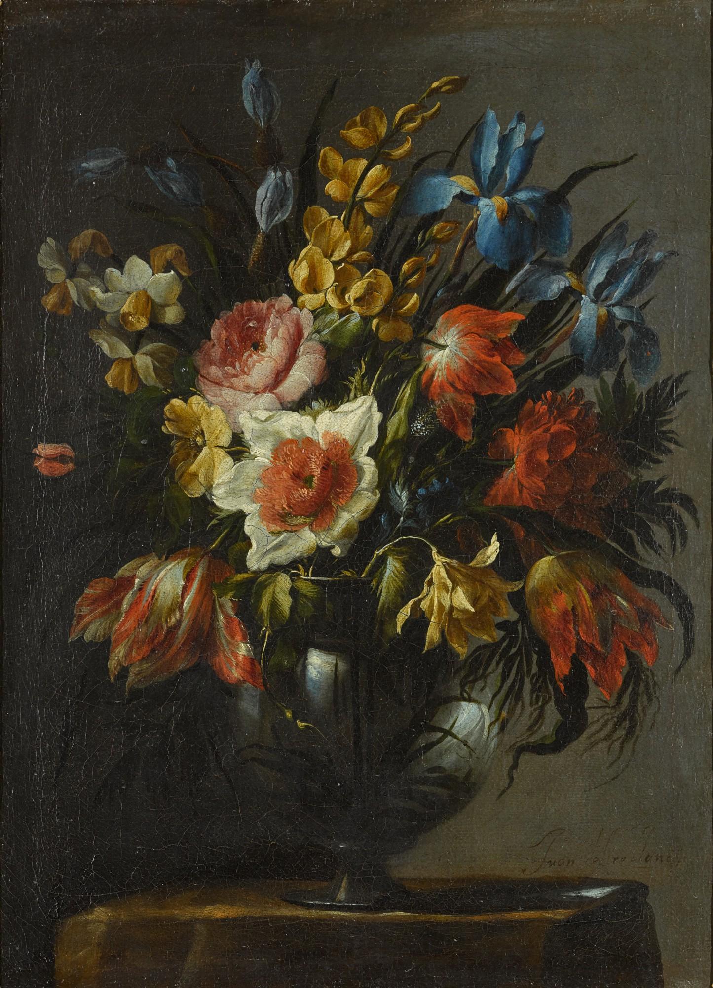 Juan de Arellano - Still life of flowers, including tulips, iris and narcissi, in a glass vase
