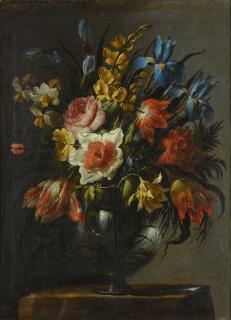 Juan de Arellano - Still life of flowers, including tulips, iris and narcissi, in a glass vase