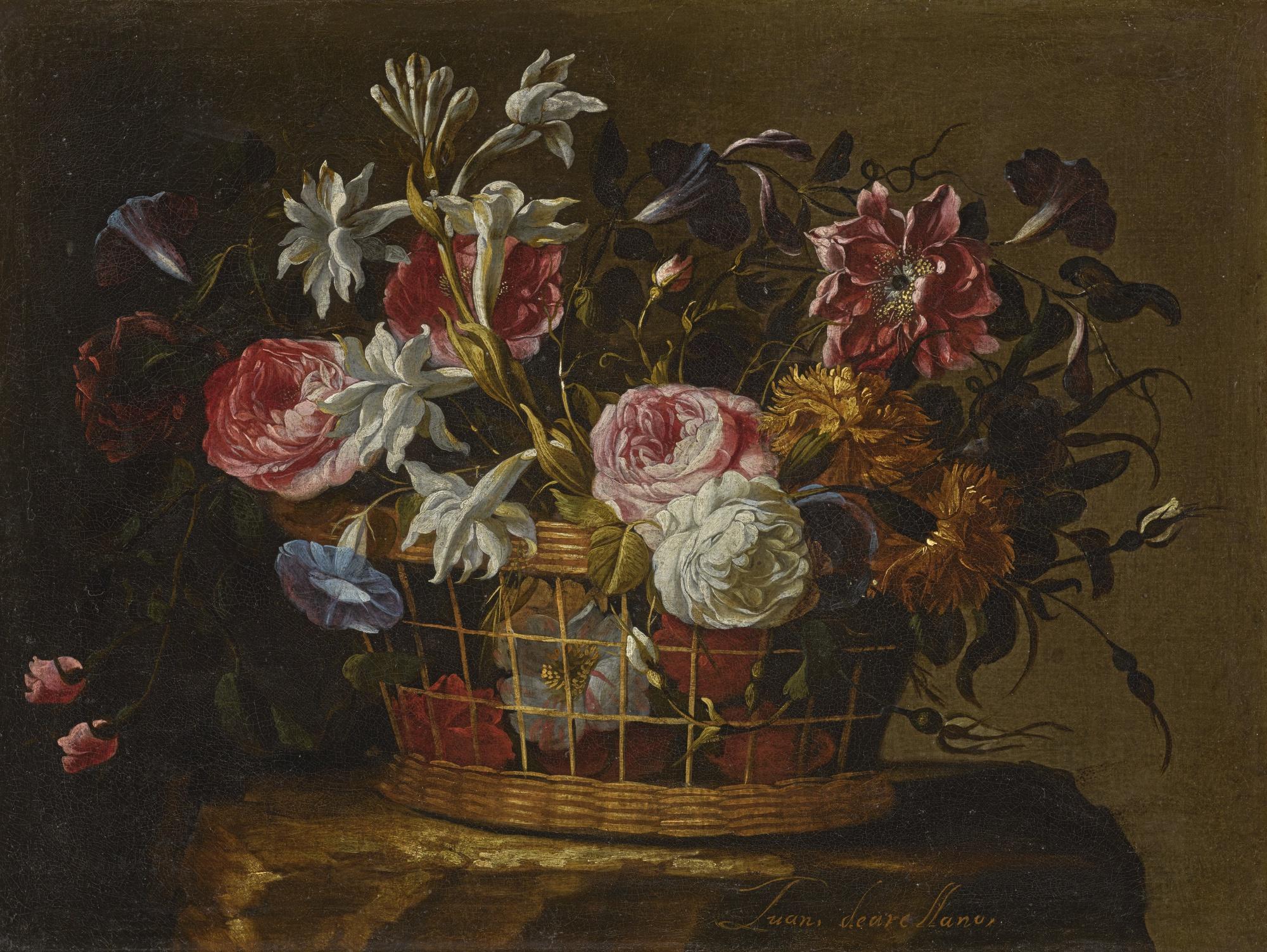Juan De Arellano - Still Life Of Roses, Lilies, Morning Glories And Other Flowers In A Basket On A Stone Pedestal
