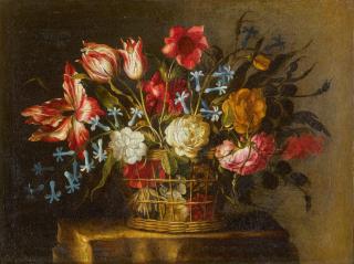 Juan De Arellano - Still Life Of Tulips, Bluebells And Other Flowers In A Basket On A Stone Pedestal