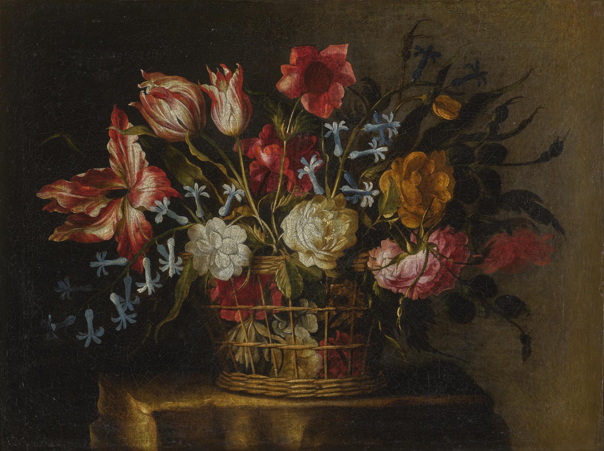 Juan De Arellano - Still Life Of Tulips, Bluebells And Other Flowers In A Basket On A Stone Pedestal